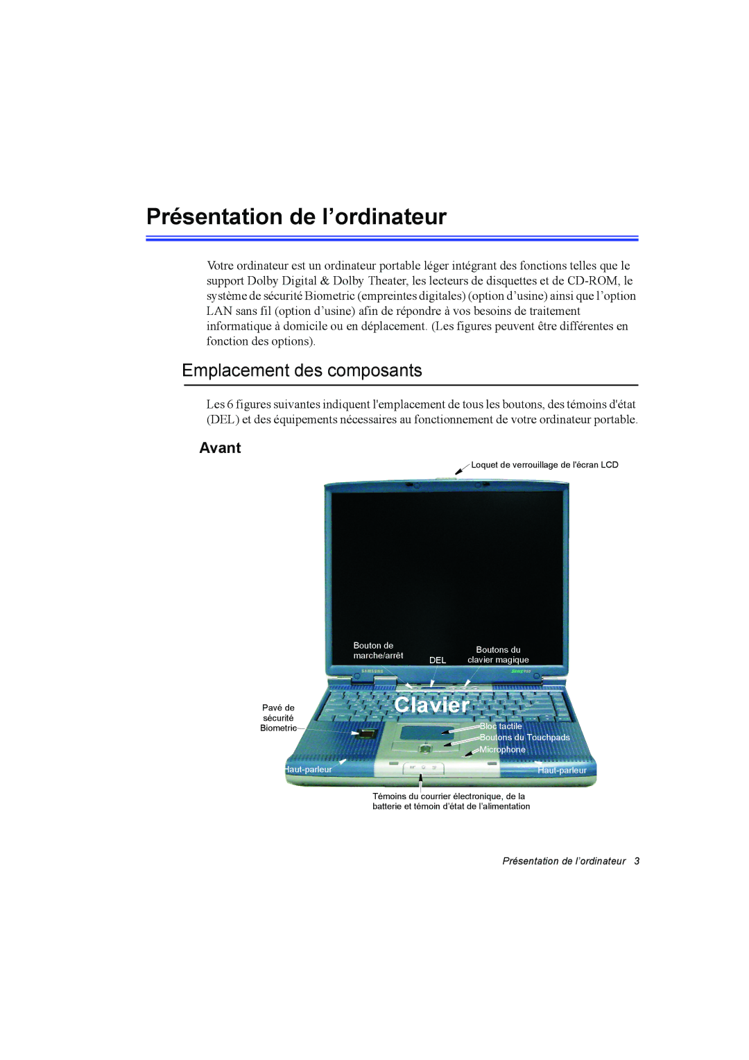 Samsung NT10FK02DV/SEF manual Présentation de l’ordinateur, Emplacement des composants, Avant 