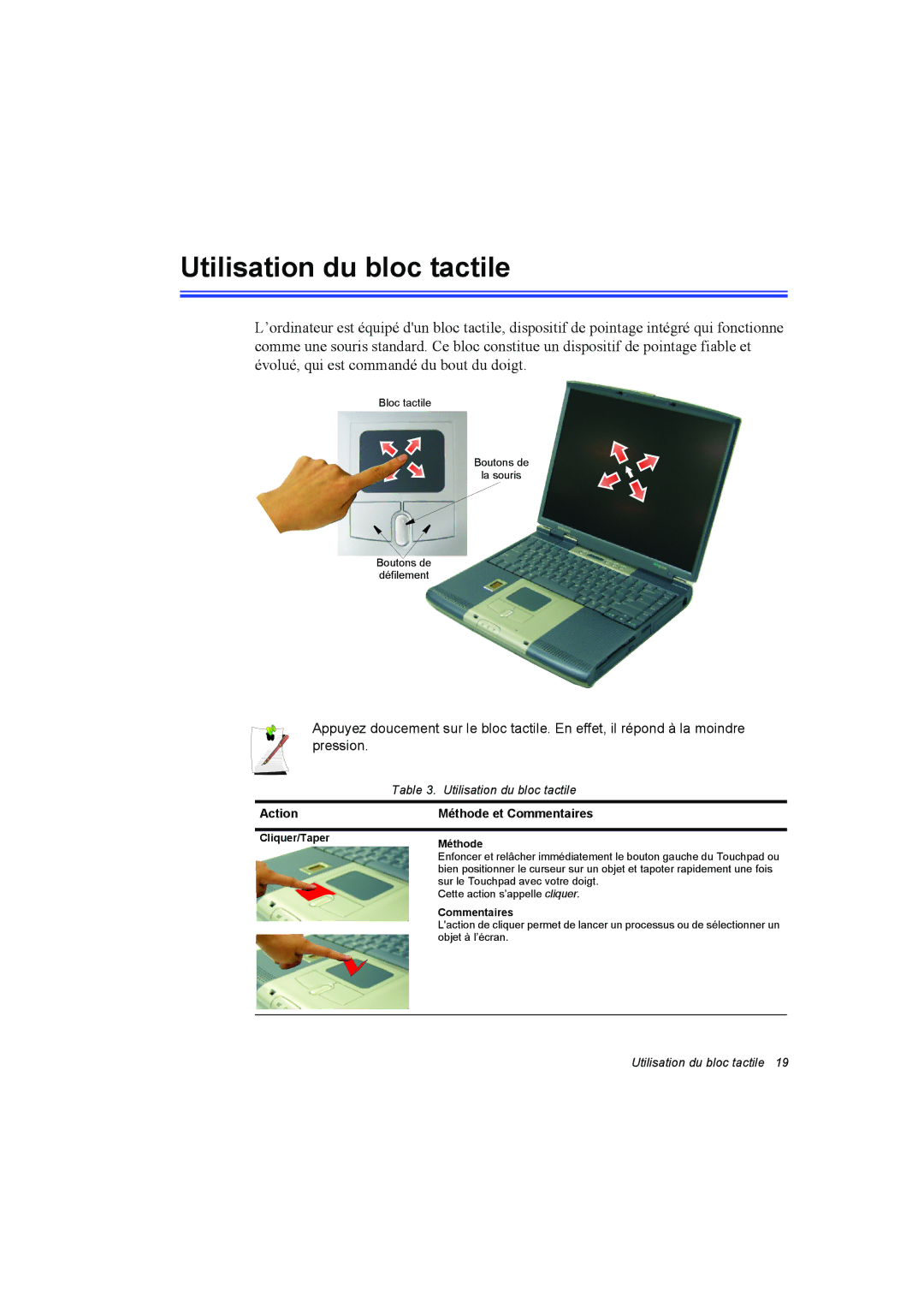 Samsung NT10FK02DV/SEF manual Utilisation du bloc tactile, Action Méthode et Commentaires 