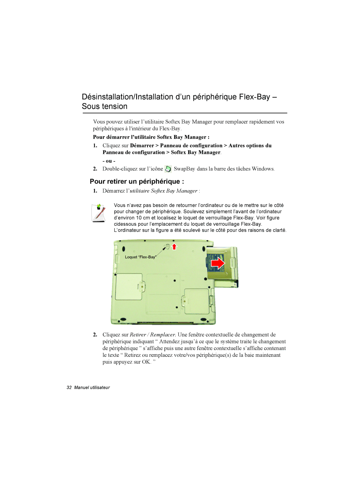 Samsung NT10FK02DV/SEF manual Pour retirer un périphérique, Démarrez l’utilitaire Softex Bay Manager 