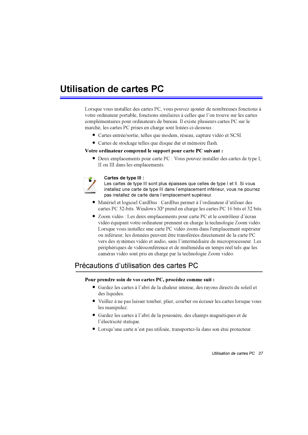 Samsung NT10FK02DV/SEF manual Utilisation de cartes PC, Précautions d’utilisation des cartes PC, Cartes de type 