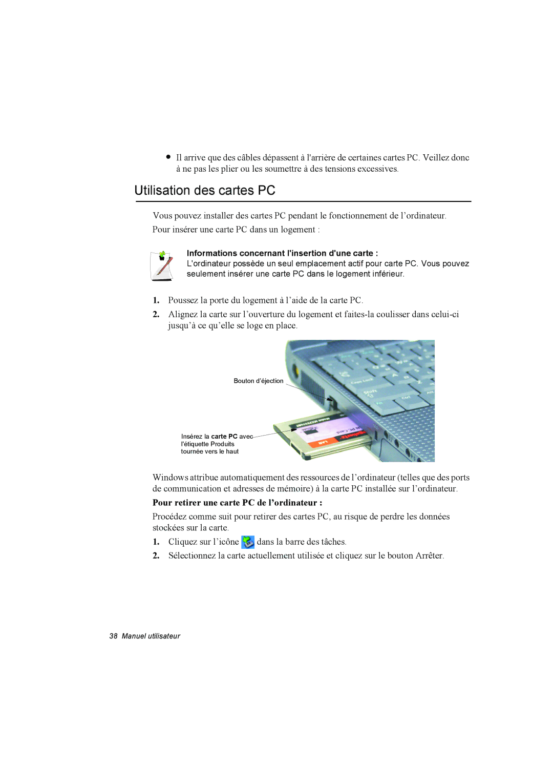 Samsung NT10FK02DV/SEF manual Utilisation des cartes PC, Pour retirer une carte PC de l’ordinateur 