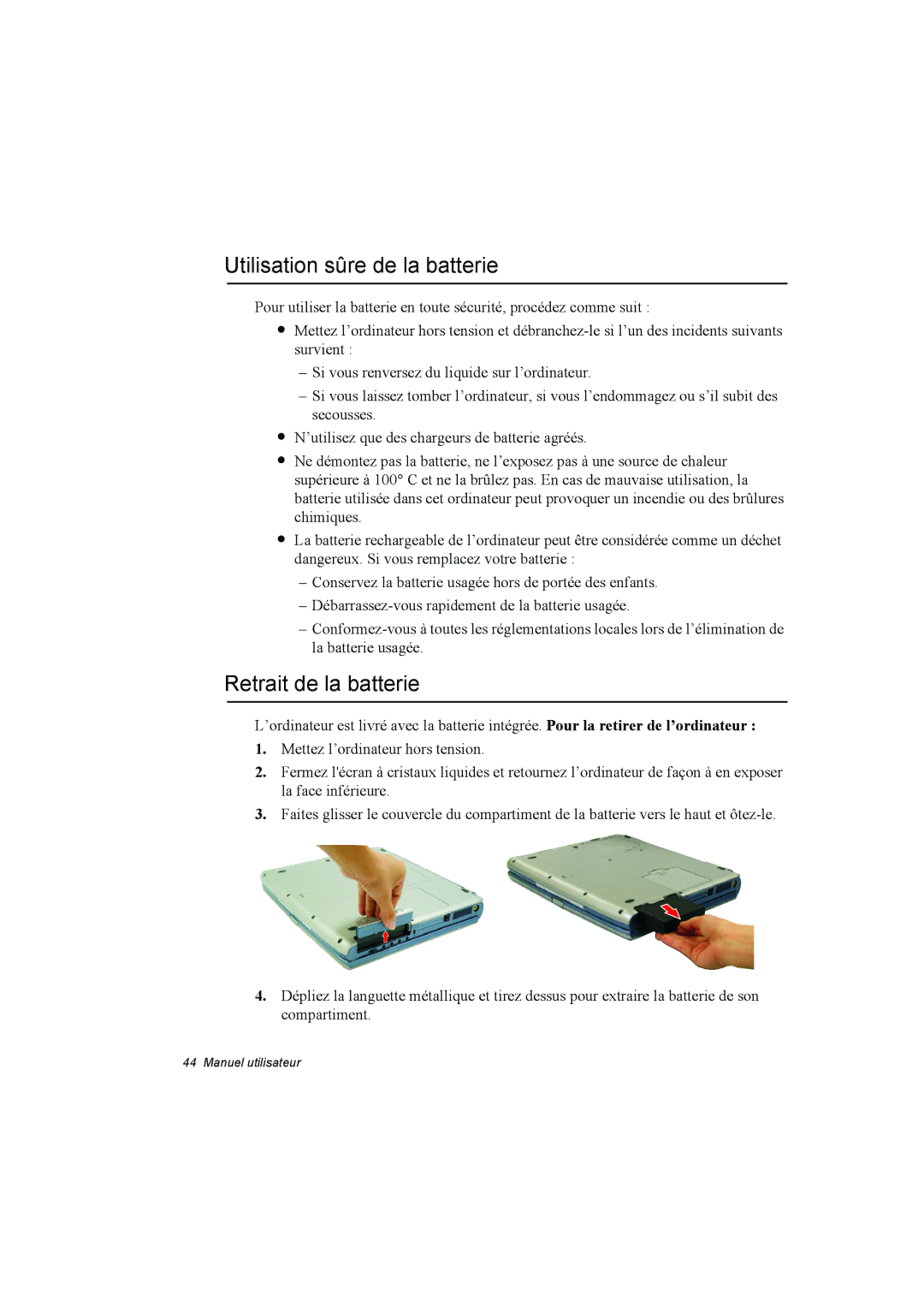 Samsung NT10FK02DV/SEF manual Utilisation sûre de la batterie, Retrait de la batterie 