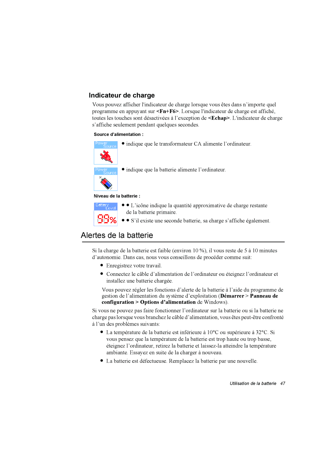 Samsung NT10FK02DV/SEF manual Alertes de la batterie, Indicateur de charge 