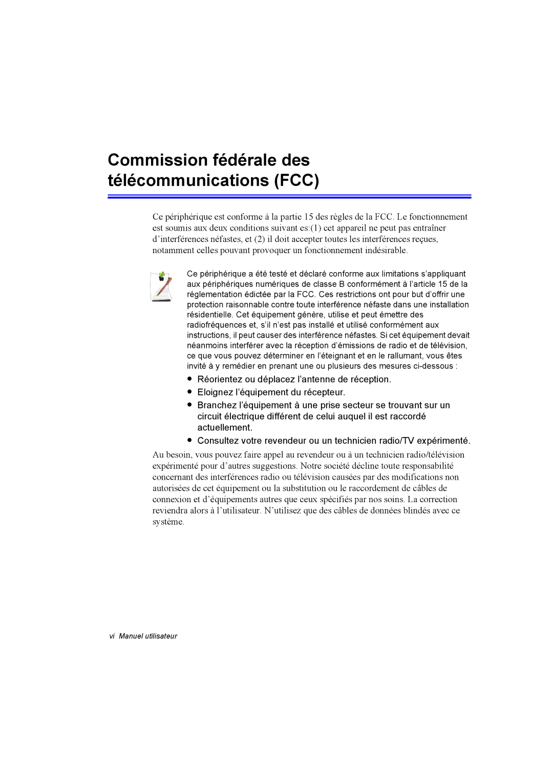 Samsung NT10FK02DV/SEF manual Commission fédérale des télécommunications FCC 