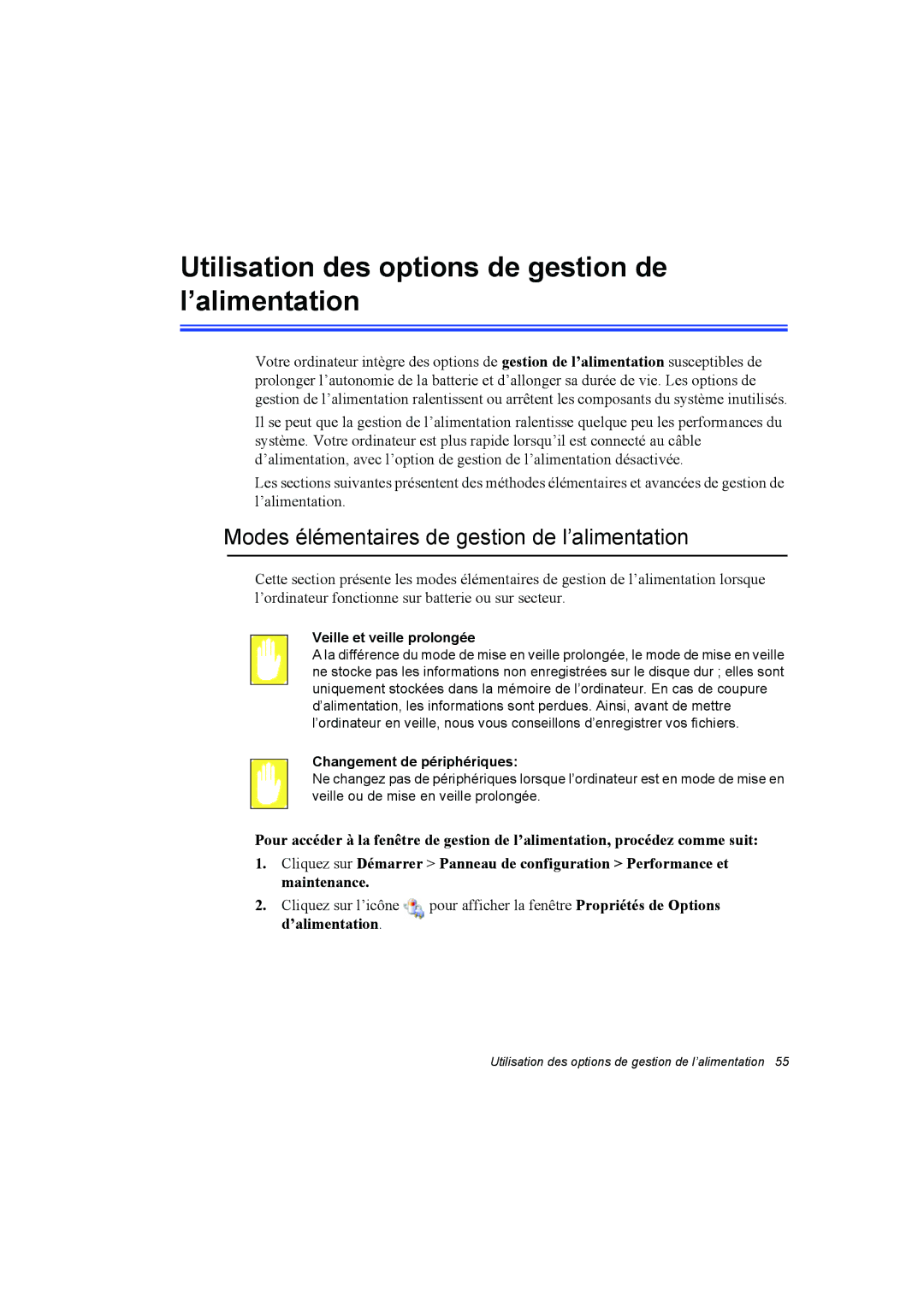 Samsung NT10FK02DV/SEF manual Utilisation des options de gestion de l’alimentation, Veille et veille prolongée 