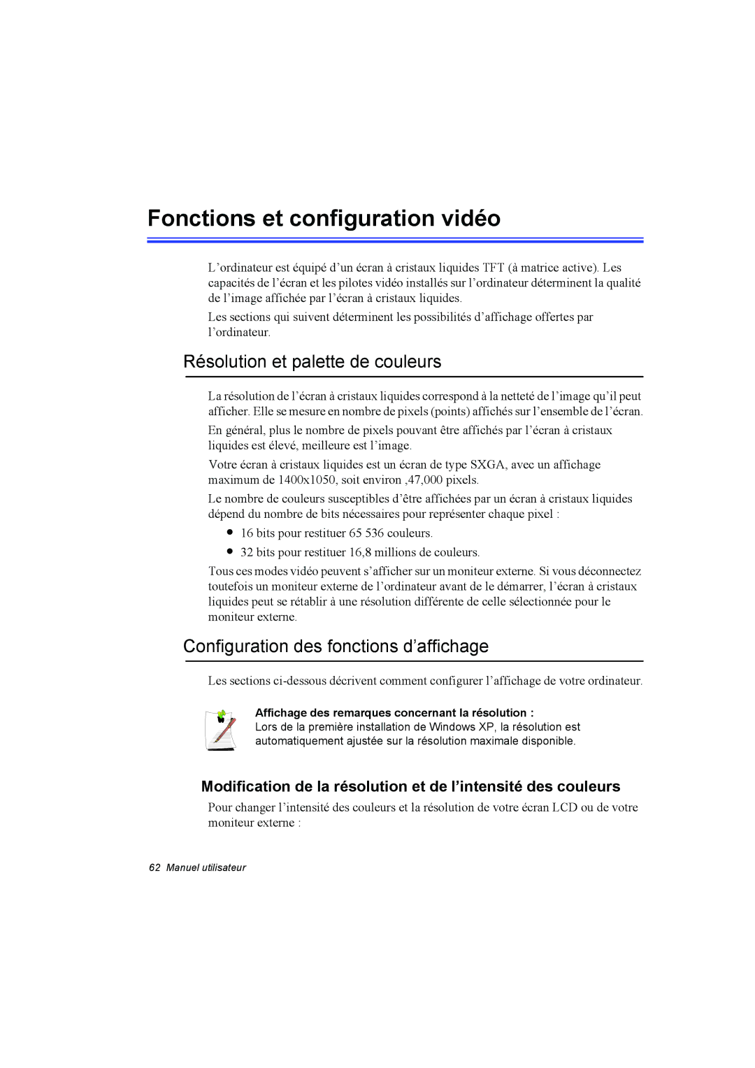 Samsung NT10FK02DV/SEF manual Fonctions et configuration vidéo, Résolution et palette de couleurs 