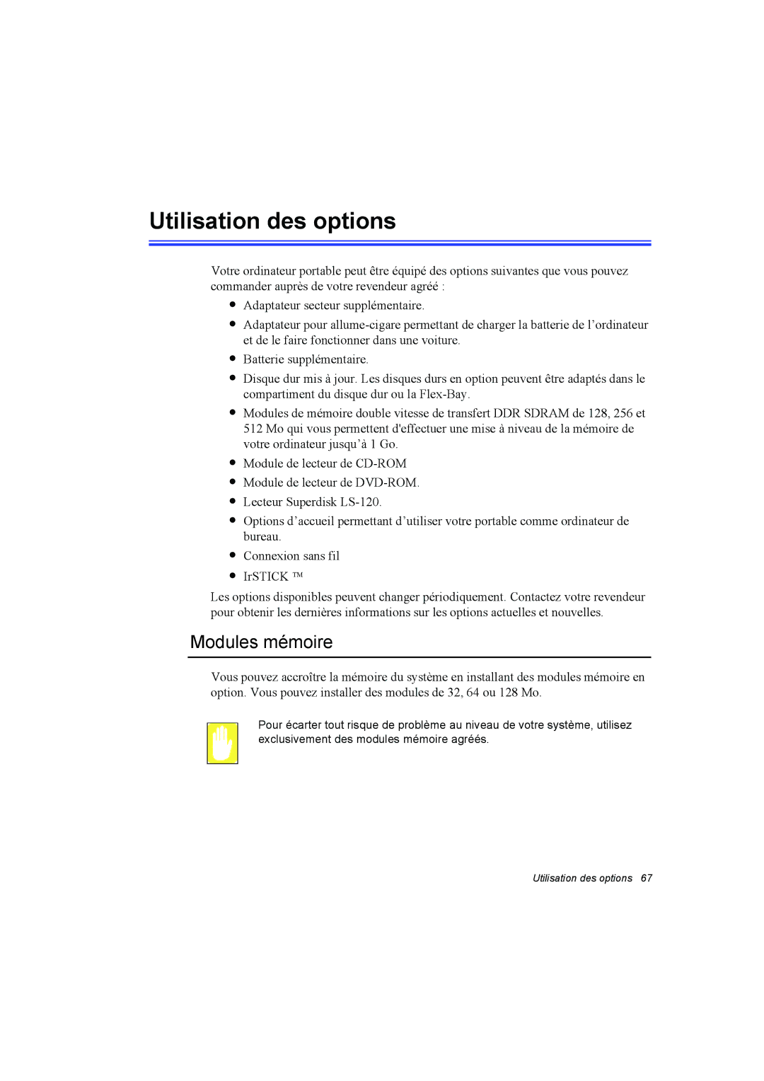 Samsung NT10FK02DV/SEF manual Utilisation des options, Modules mémoire 