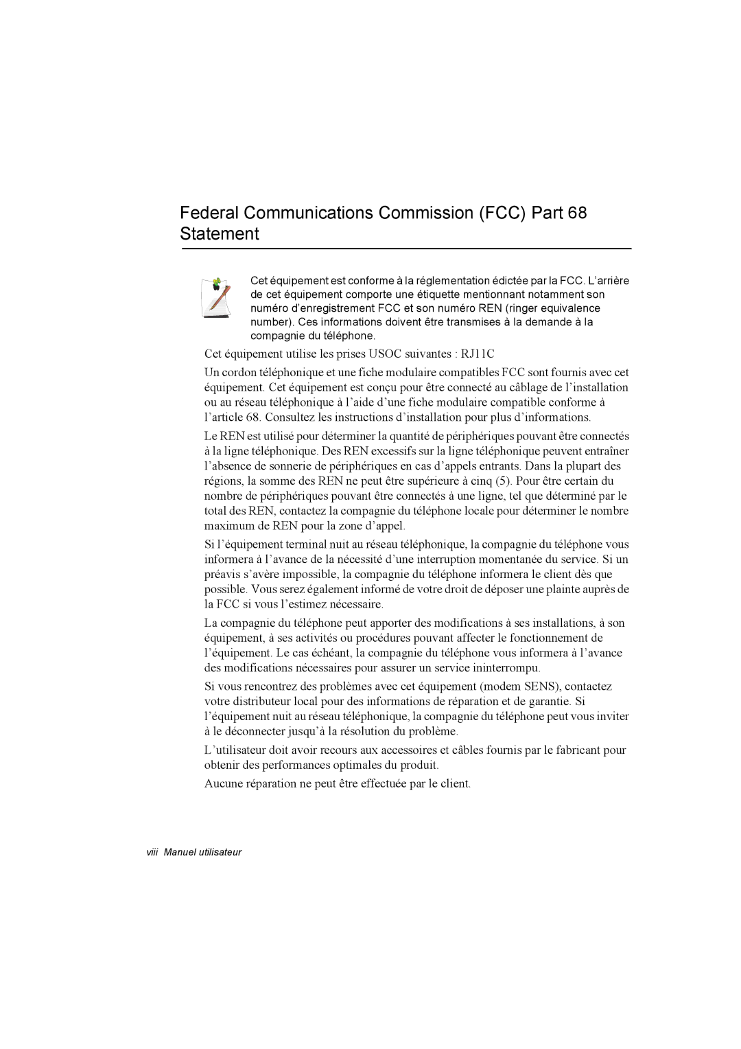 Samsung NT10FK02DV/SEF manual Federal Communications Commission FCC Part 68 Statement 