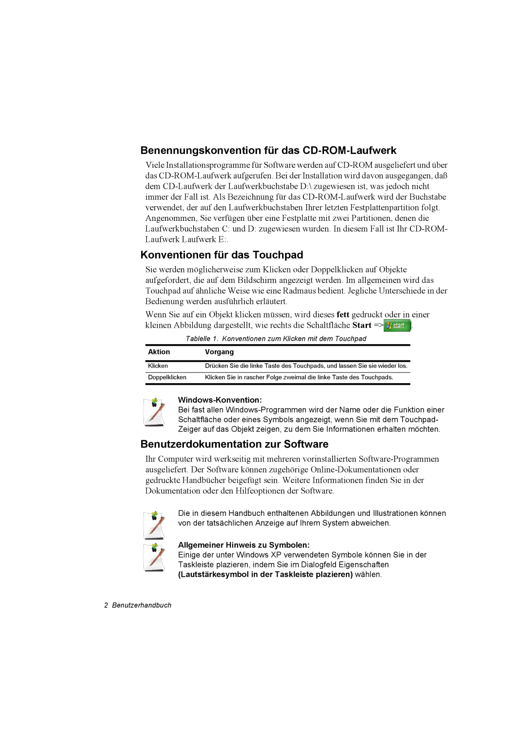 Samsung NT10FP03DR/SEG Benennungskonvention für das CD-ROM-Laufwerk, Konventionen für das Touchpad, Windows-Konvention 