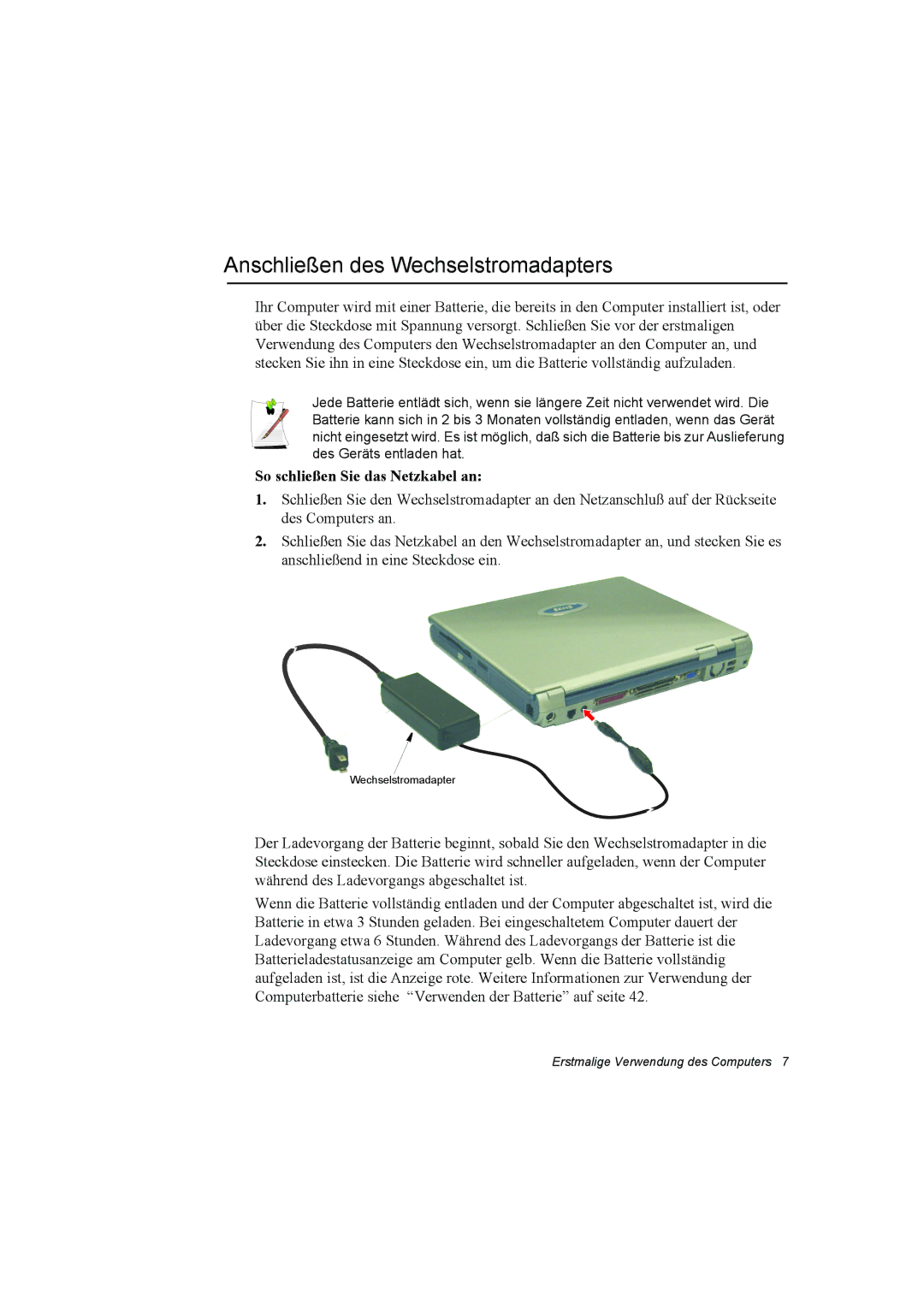 Samsung NT10FK03DR/SEG, NT10FP014K/SEG manual Anschließen des Wechselstromadapters, So schließen Sie das Netzkabel an 