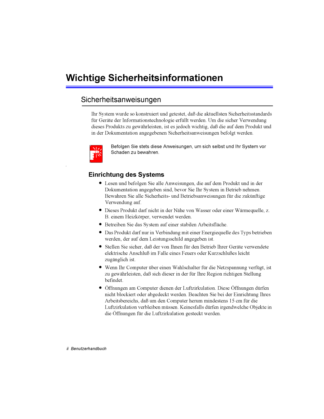 Samsung NT10FP03DR/SEG, NT10FP014K/SEG Wichtige Sicherheitsinformationen, Sicherheitsanweisungen, Einrichtung des Systems 