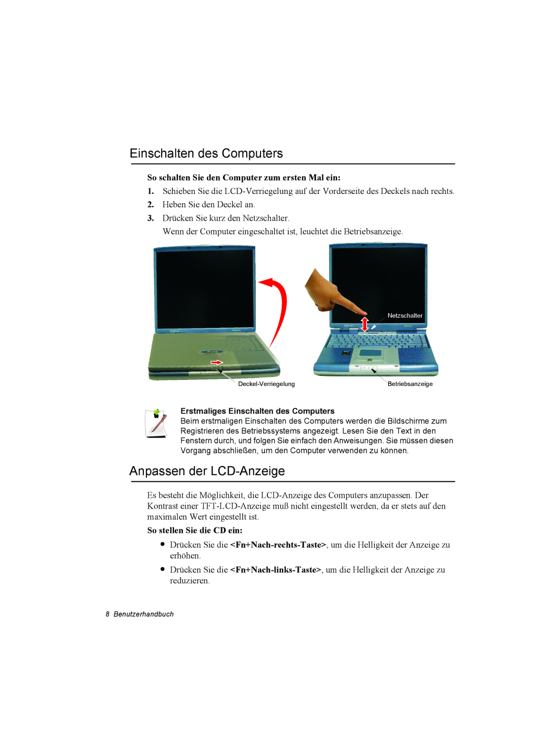 Samsung NT10FP03DR/SEG, NT10FP014K/SEG manual Einschalten des Computers, Anpassen der LCD-Anzeige, So stellen Sie die CD ein 