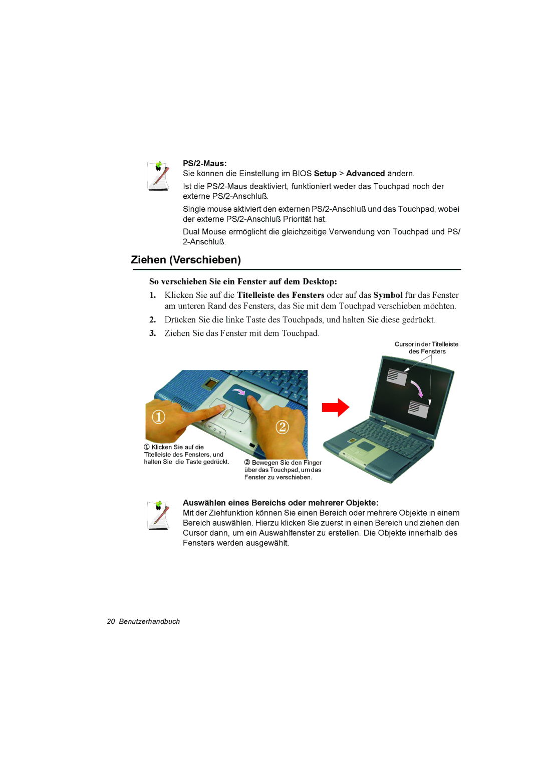 Samsung NT10FP03DR/SEG, NT10FP014K/SEG manual Ziehen Verschieben, So verschieben Sie ein Fenster auf dem Desktop, PS/2-Maus 