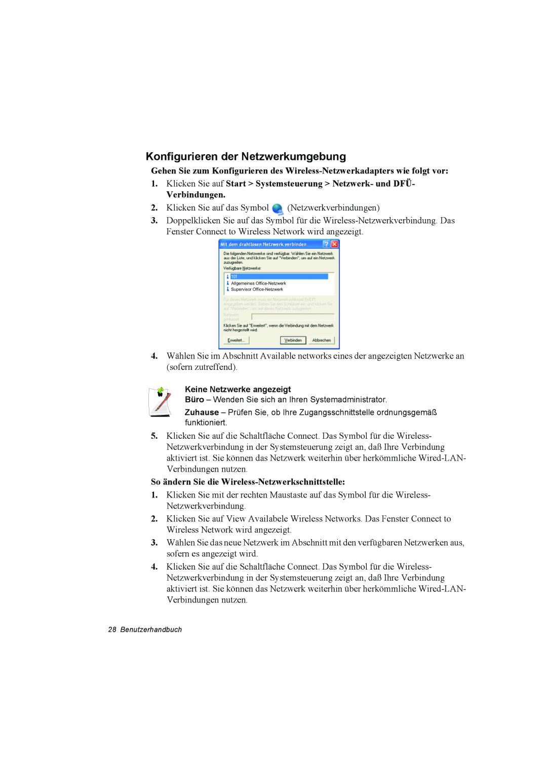 Samsung NT10FK042B/SEG, NT10FP014K/SEG manual So ändern Sie die Wireless-Netzwerkschnittstelle, Keine Netzwerke angezeigt 