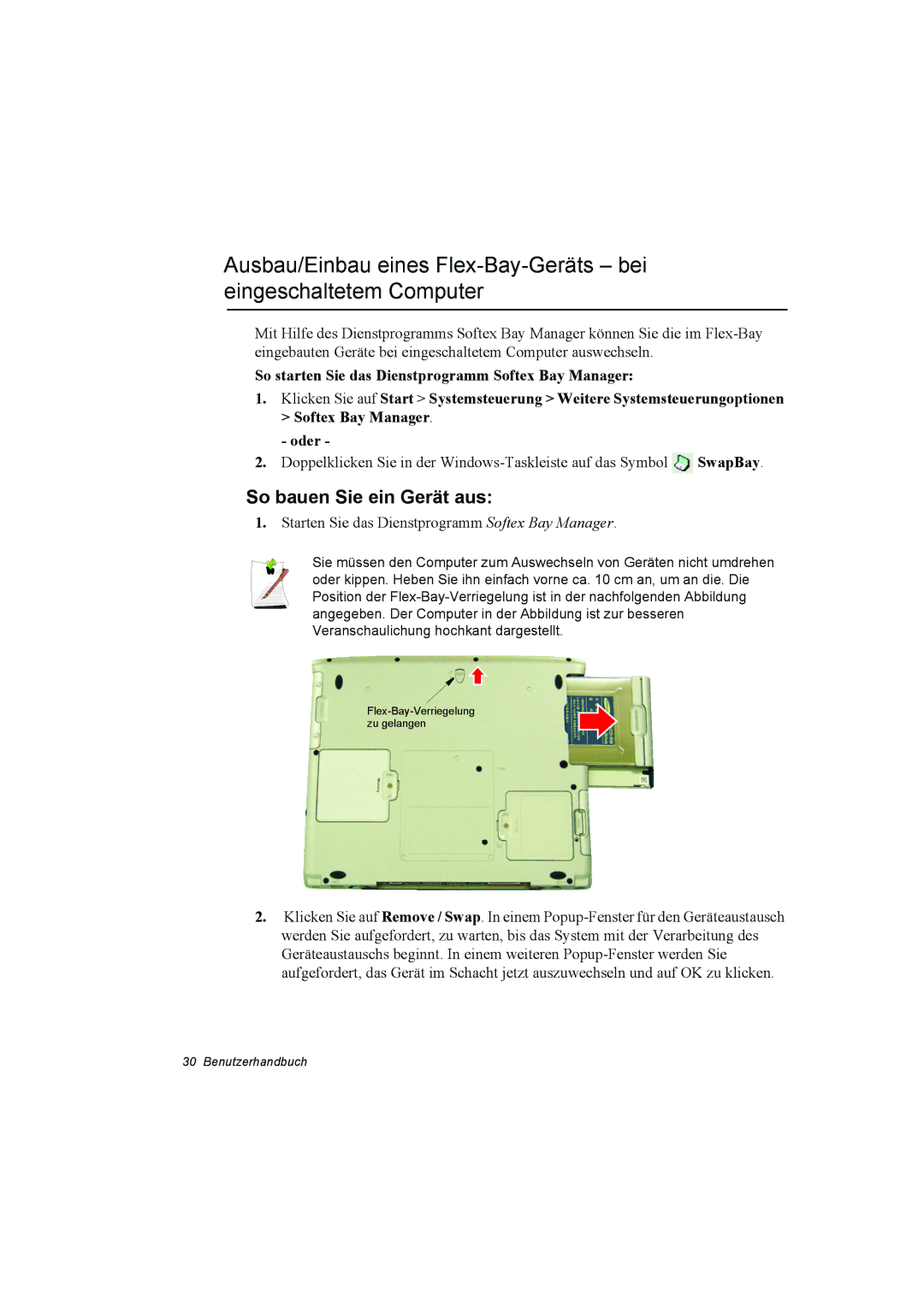 Samsung NT10FP014K/SEG, NT10FK03DR/SEG manual So bauen Sie ein Gerät aus, Starten Sie das Dienstprogramm Softex Bay Manager 