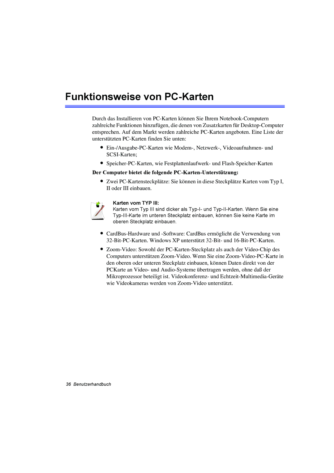 Samsung NT10FP014K/SEG manual Funktionsweise von PC-Karten, Der Computer bietet die folgende PC-Karten-Unterstützung 