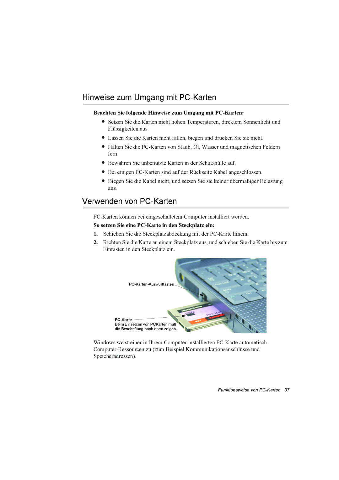 Samsung NT10FK03DR/SEG, NT10FP014K/SEG, NT10FP03DR/SEG manual Hinweise zum Umgang mit PC-Karten, Verwenden von PC-Karten 