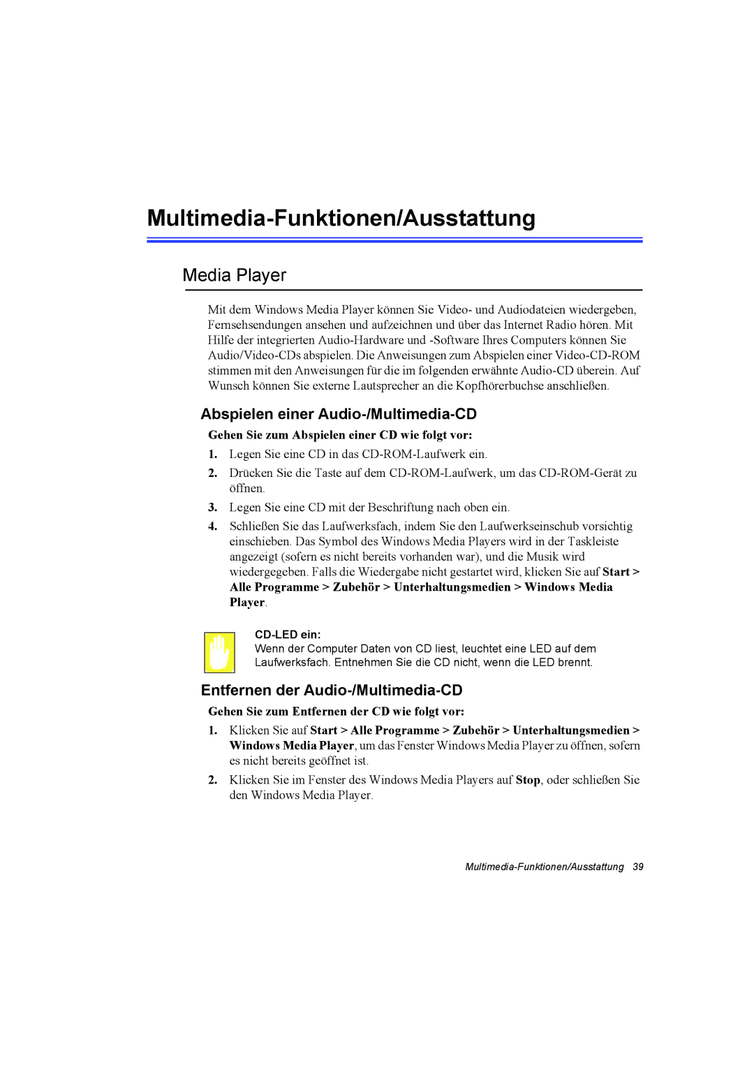 Samsung NT10FP01WX/SEG manual Multimedia-Funktionen/Ausstattung, Media Player, Abspielen einer Audio-/Multimedia-CD 