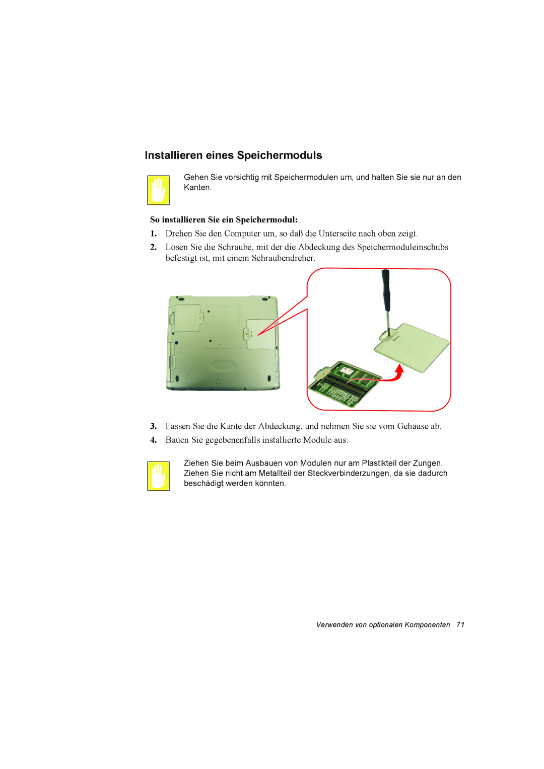 Samsung NT10FP042B/SEG, NT10FP014K/SEG manual Installieren eines Speichermoduls, So installieren Sie ein Speichermodul 