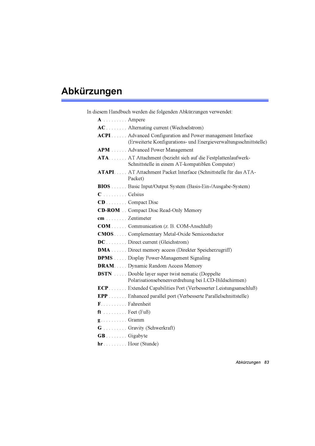 Samsung NT10FP042B/SEG, NT10FP014K/SEG, NT10FK03DR/SEG, NT10FP03DR/SEG manual Abkürzungen, Cd-Rom, Gigabyte, Hour Stunde 