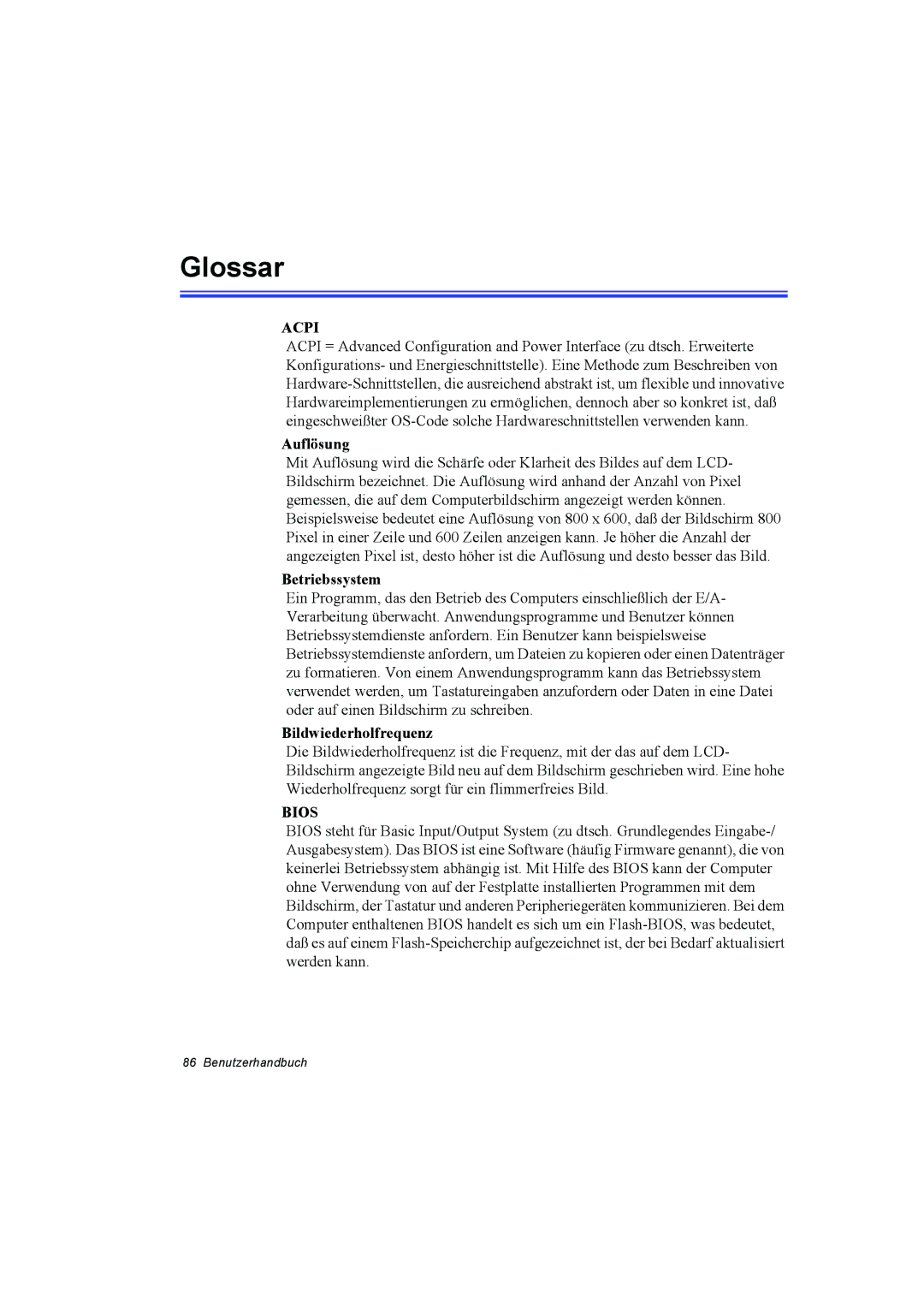 Samsung NT10FP03DR/SEG, NT10FP014K/SEG, NT10FK03DR/SEG manual Glossar, Auflösung, Betriebssystem, Bildwiederholfrequenz 