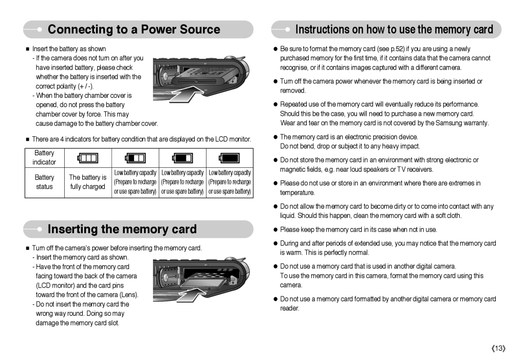 Samsung EC-NV10ZBBA/PT, EC-NV10ZBBD/FR, EC-NV10ZTCA Inserting the memory card, Instructions on how to use the memory card 