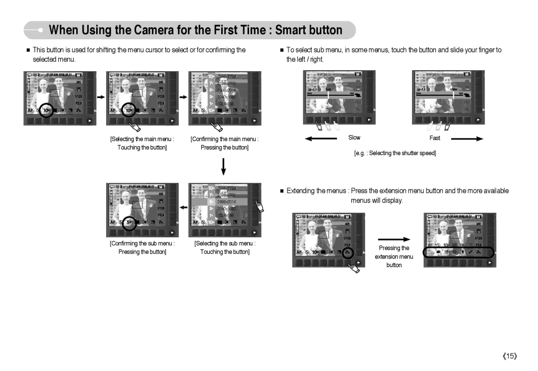 Samsung EC-NV10ZTBA/E1, EC-NV10ZBBD/FR, EC-NV10ZBBL/E1, EC-NV10ZBBC/FR When Using the Camera for the First Time Smart button 