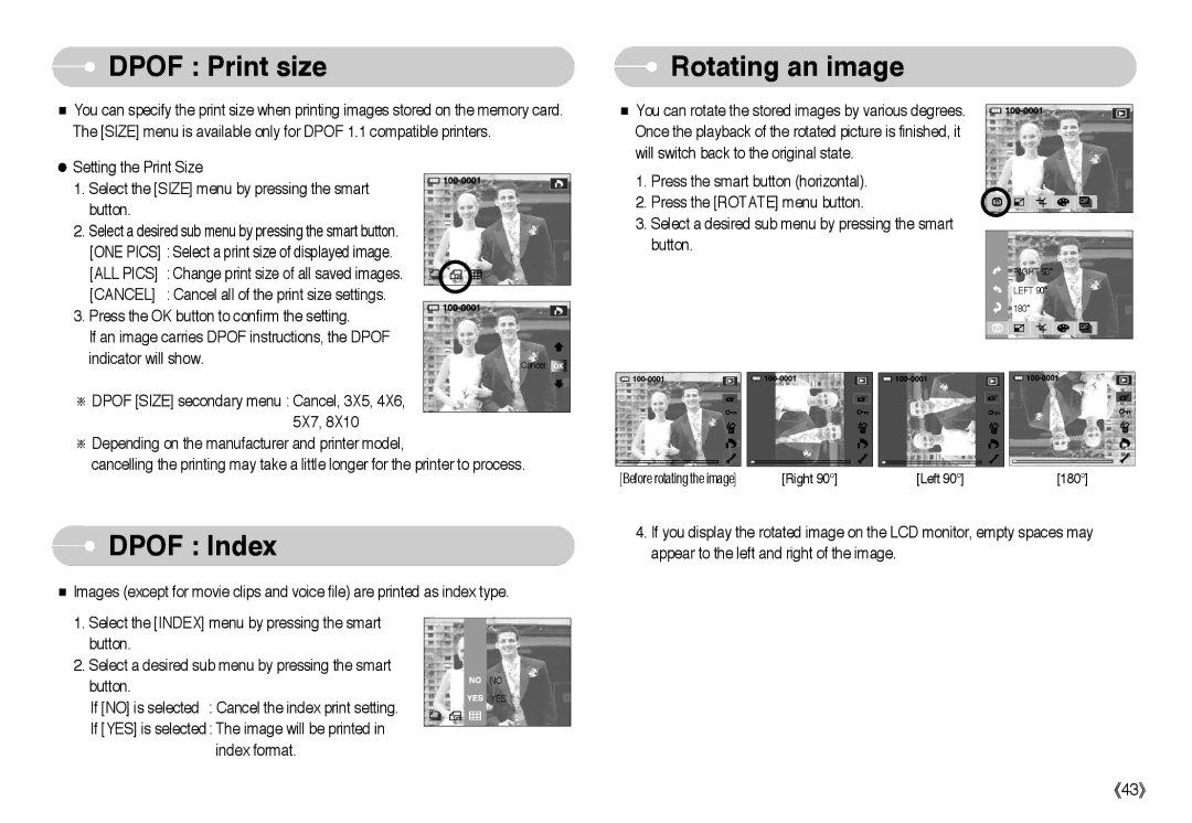 Samsung EC-NV10ZBBE/US, EC-NV10ZBBD/FR, EC-NV10ZBBL/E1, EC-NV10ZBBC/FR, NV-10 Dpof Print size, Dpof Index, Rotating an image 