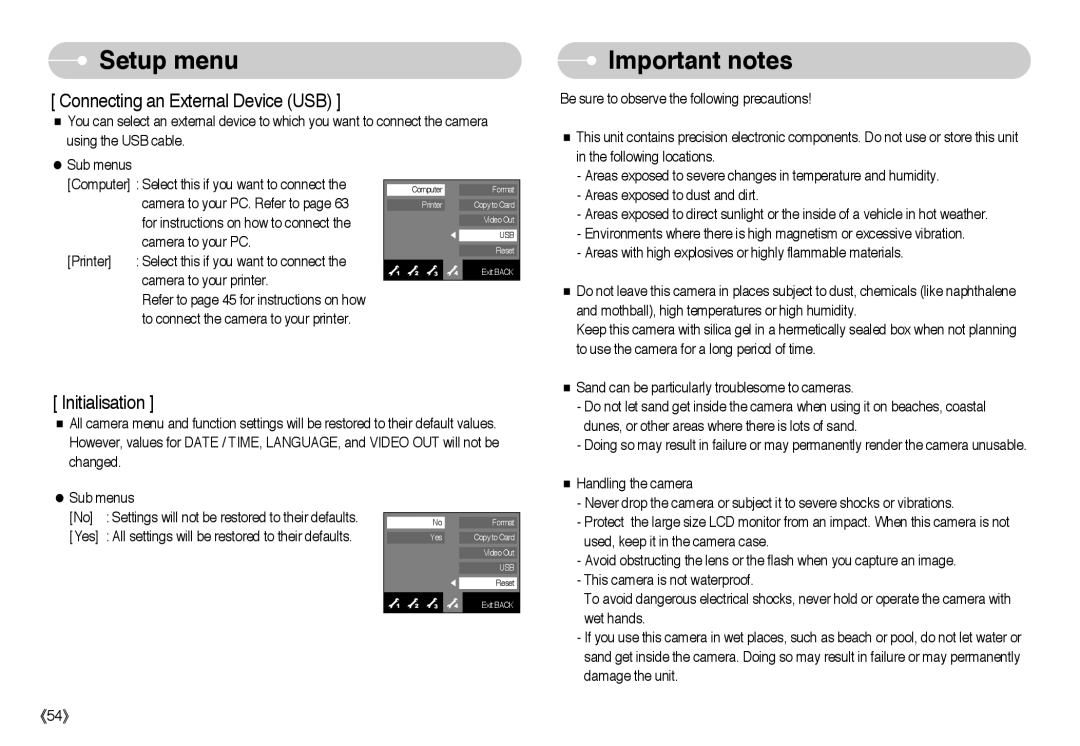 Samsung EC-NV10ZBBA/IL, EC-NV10ZBBD/FR, EC-NV10ZBBL/E1, EC-NV10ZBBC/FR Important notes, Connecting an External Device USB 