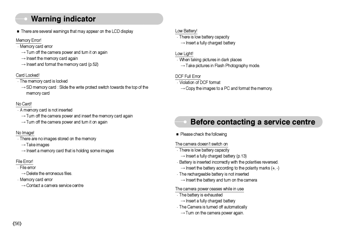 Samsung EC-NV10ZBBA/TH, EC-NV10ZBBD/FR, EC-NV10ZBBL/E1, EC-NV10ZBBC/FR, EC-NV10ZBBB/FR Before contacting a service centre 