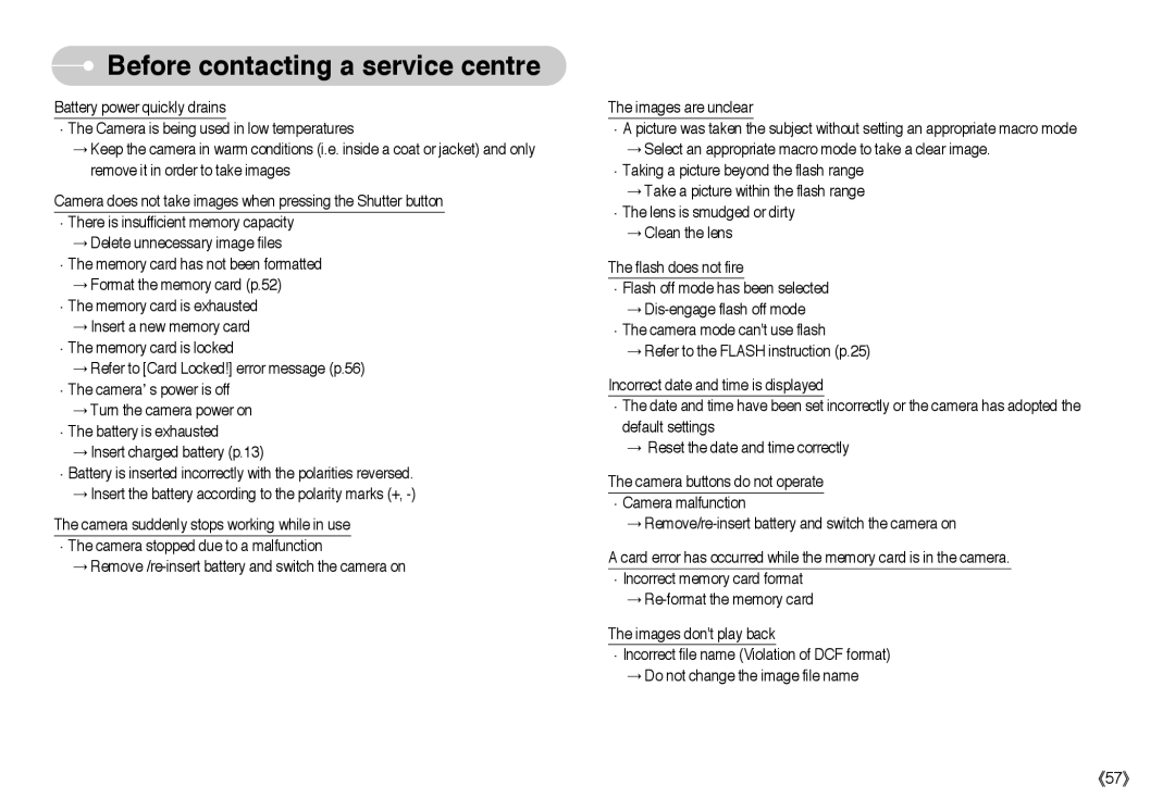 Samsung EC-NV10ZBBB/TA, EC-NV10ZBBD/FR, EC-NV10ZBBL/E1, EC-NV10ZBBC/FR, EC-NV10ZBBB/FR Before contacting a service centre 