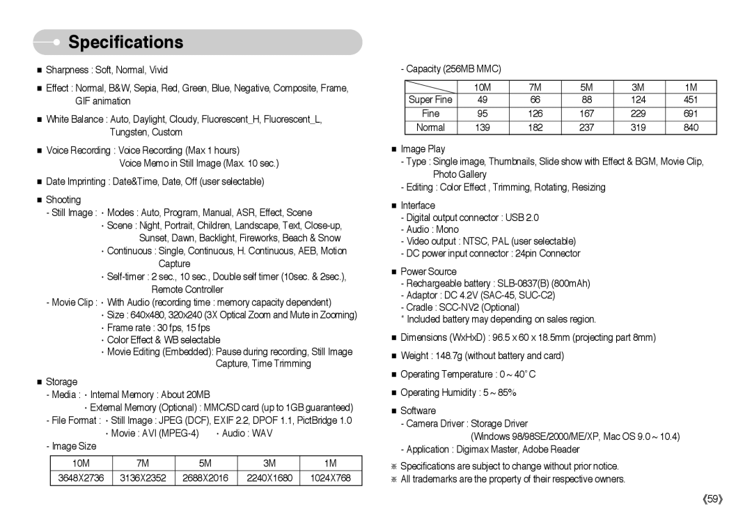 Samsung EC-NV10ZBBD/CA, EC-NV10ZBBD/FR, EC-NV10ZBBL/E1, EC-NV10ZBBC/FR, EC-NV10ZBBB/FR, EC-NV10ZBBW/E1, NV-10 Specifications 