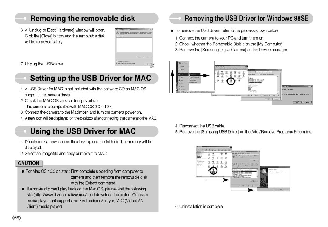 Samsung EC-NV10ZSEA, EC-NV10ZBBD/FR, EC-NV10ZBBL/E1, NV-10 Setting up the USB Driver for MAC, Using the USB Driver for MAC 