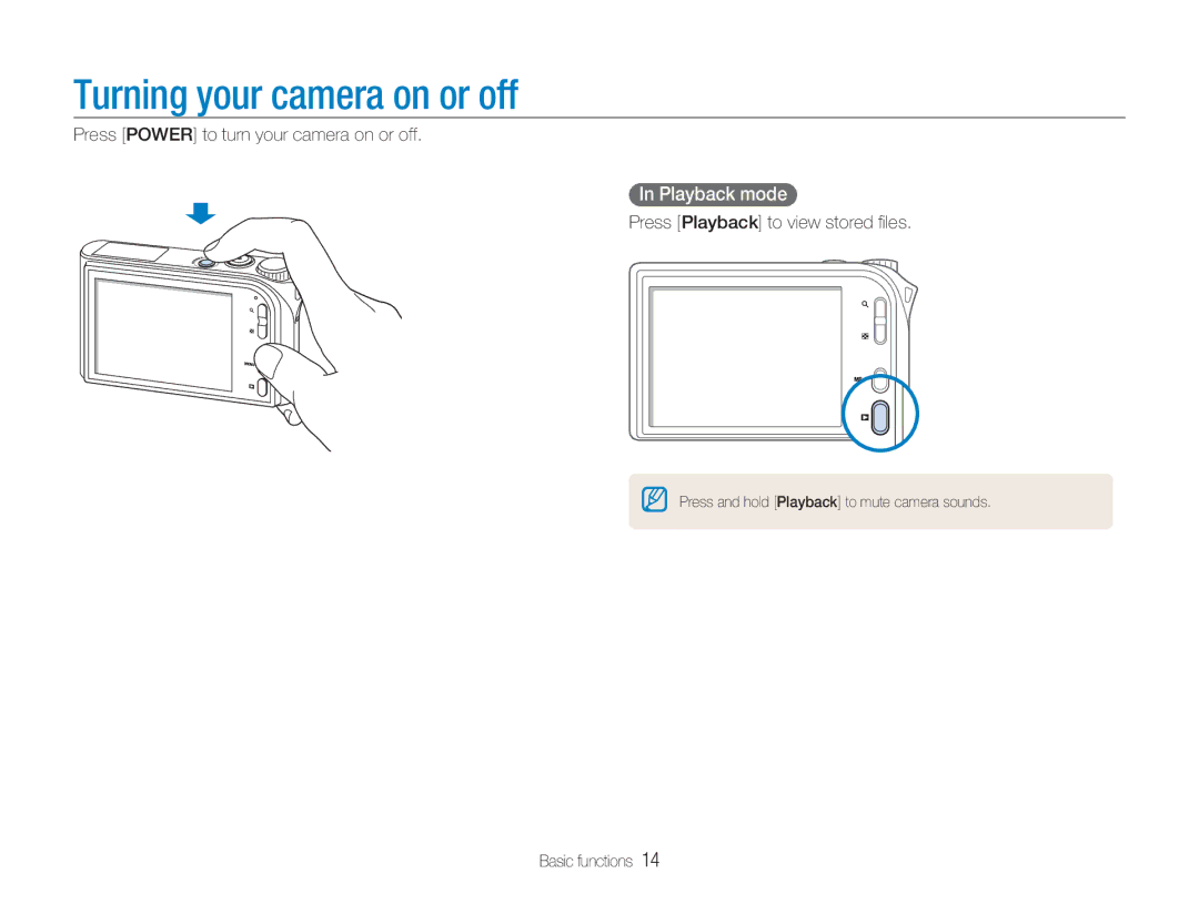 Samsung NV100HD user manual Turning your camera on or off, Playback mode, Press Power to turn your camera on or off 