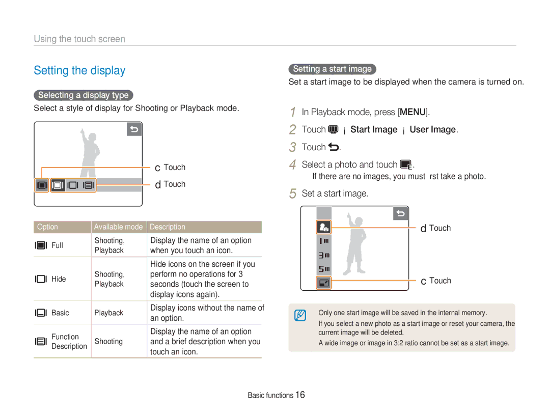 Samsung NV100HD user manual Setting the display, Using the touch screen 