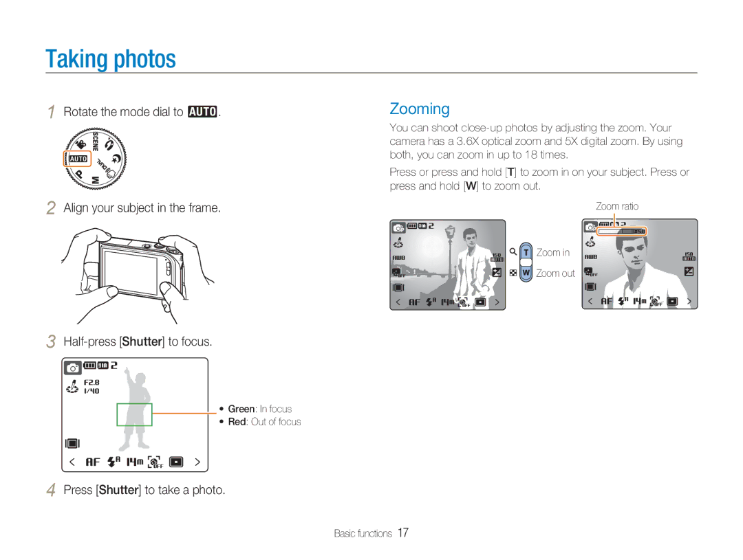 Samsung NV100HD user manual Taking photos, Zooming, Press Shutter to take a photo, Green In focus Red Out of focus 