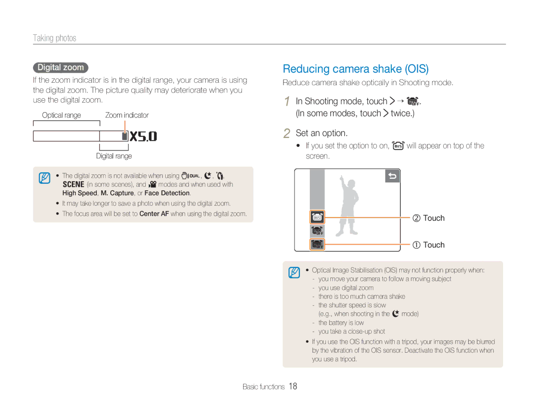 Samsung NV100HD user manual Reducing camera shake OIS, Taking photos, Some modes, touch, Set an option, Digital zoom 