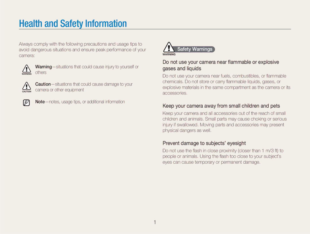 Samsung NV100HD Keep your camera away from small children and pets, Prevent damage to subjects’ eyesight, Safety Warnings 