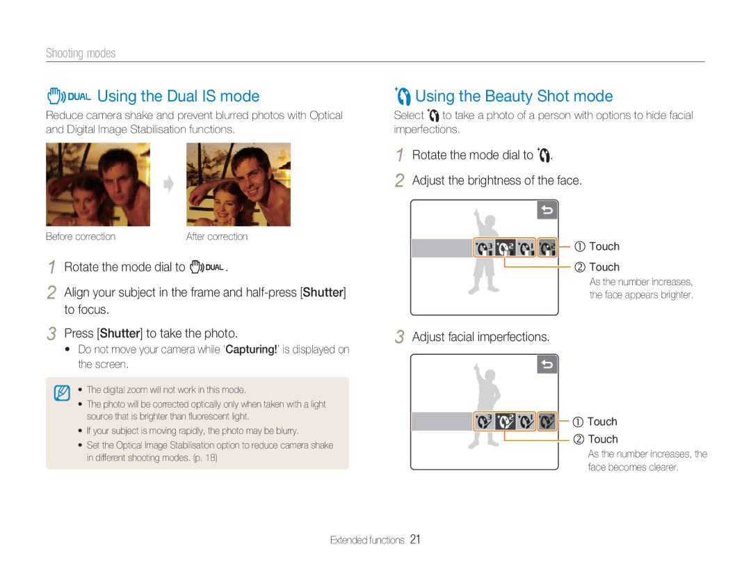 Samsung NV100HD user manual Using the Dual is mode, Using the Beauty Shot mode, Shooting modes 