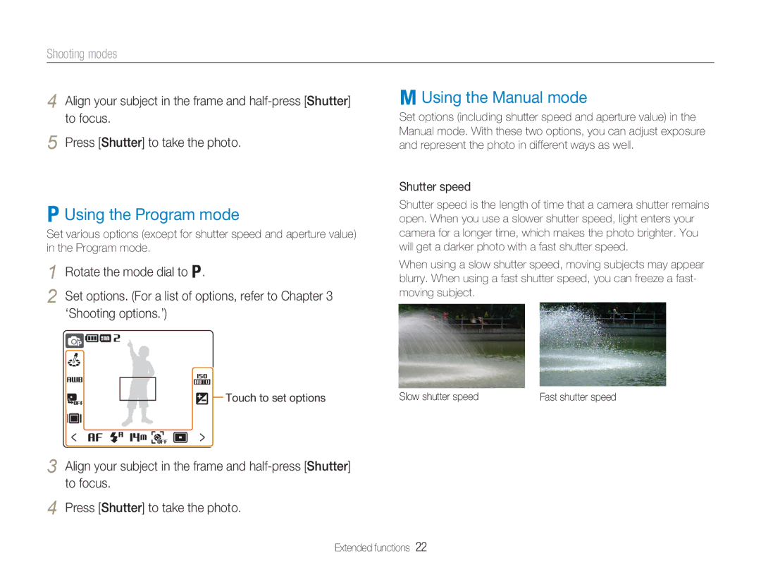 Samsung NV100HD user manual Using the Program mode, Using the Manual mode, Shutter speed 