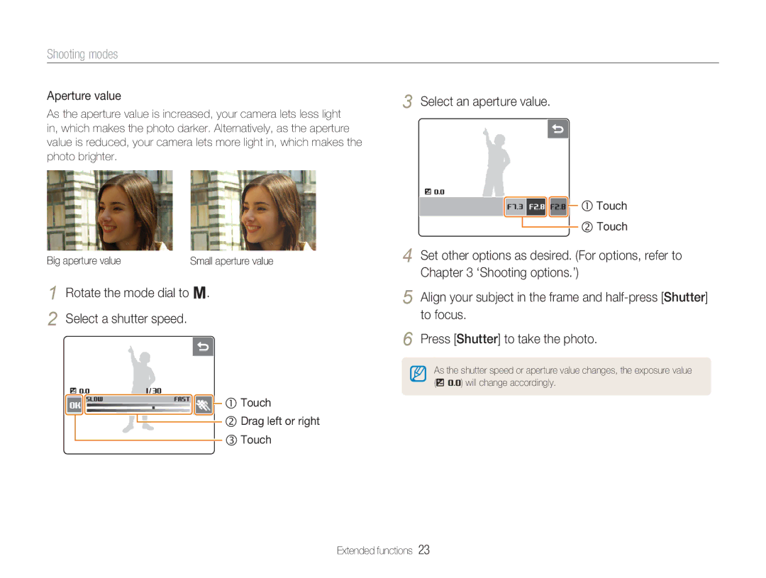 Samsung NV100HD user manual Select an aperture value, Aperture value, Select a shutter speed 