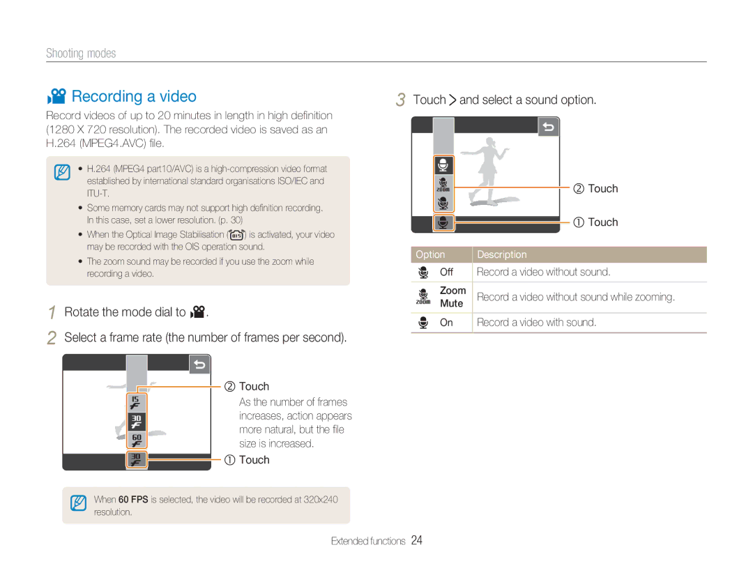 Samsung NV100HD user manual Recording a video, Touch and select a sound option, Off Record a video without sound Zoom 