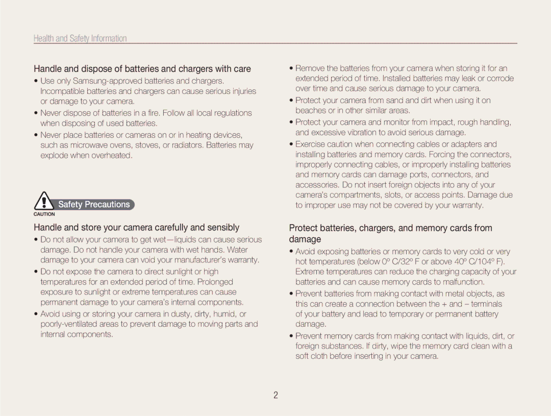 Samsung NV100HD Health and Safety Information, Handle and dispose of batteries and chargers with care, Safety Precautions 