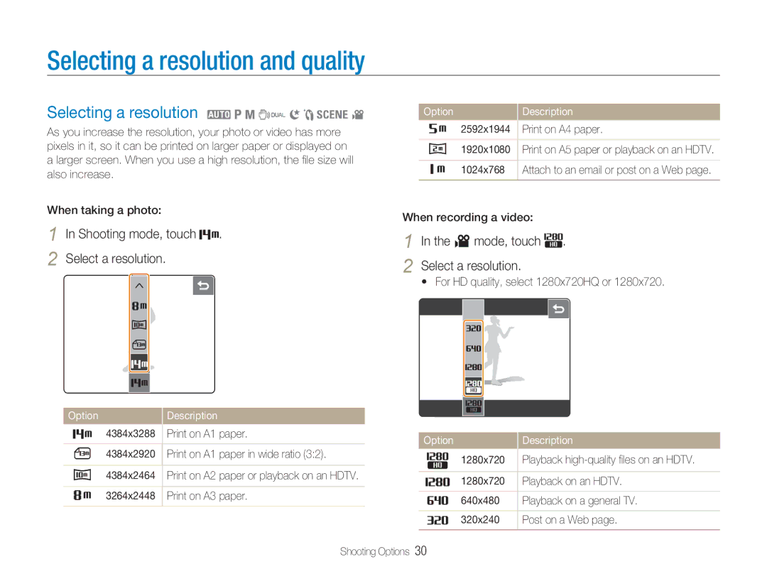 Samsung NV100HD user manual Selecting a resolution and quality, Selecting a resolution 2 1 8 7 6 5 4 3 