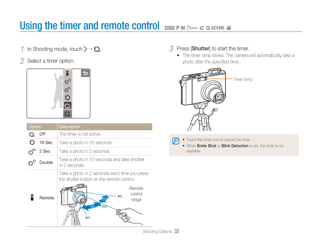 Samsung NV100HD user manual Using the timer and remote control 2 1 8 7 6 5 4, Photo after the speciﬁed time 