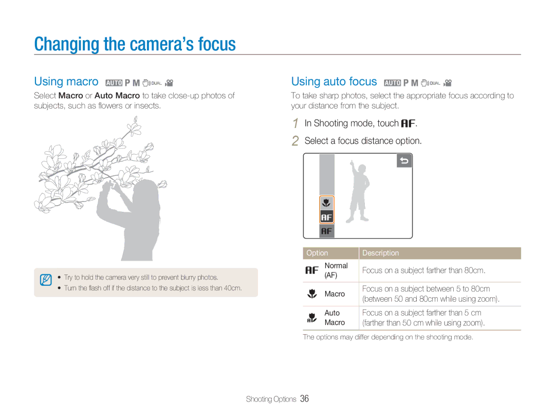 Samsung NV100HD user manual Changing the camera’s focus, Using macro 2 1 8 7, Using auto focus 2 1 8 7 