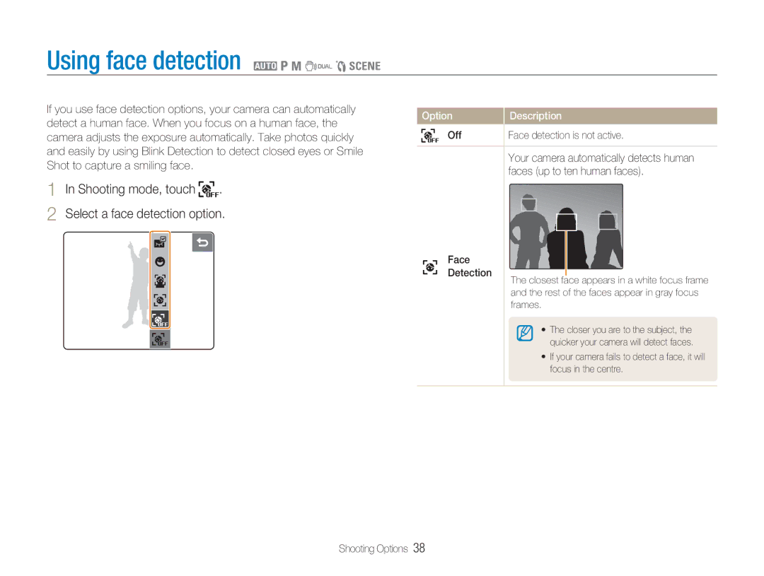 Samsung NV100HD Using face detection 2 1 8 7 5, Shooting mode, touch Select a face detection option, Face Detection 