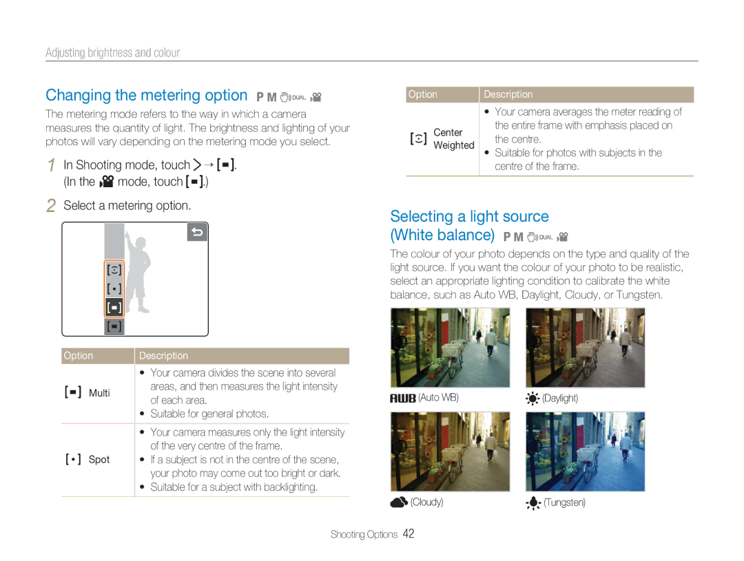 Samsung NV100HD user manual Changing the metering option 1 8 7, Selecting a light source White balance 1 8 7 