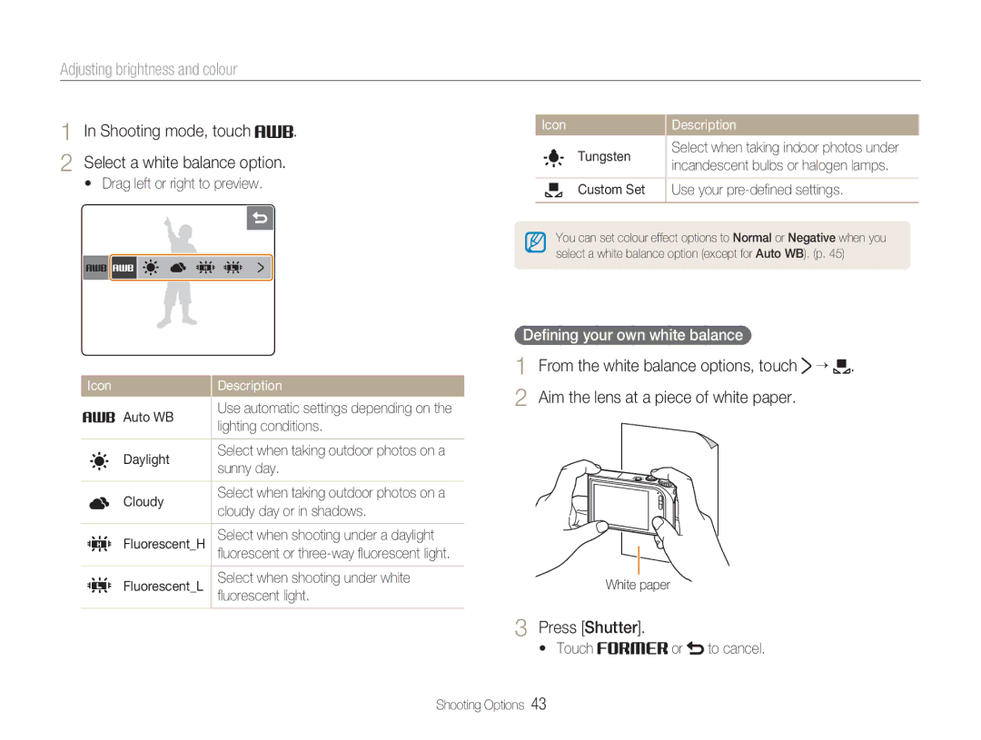 Samsung NV100HD user manual Shooting mode, touch Select a white balance option, From the white balance options, touch ¡ 