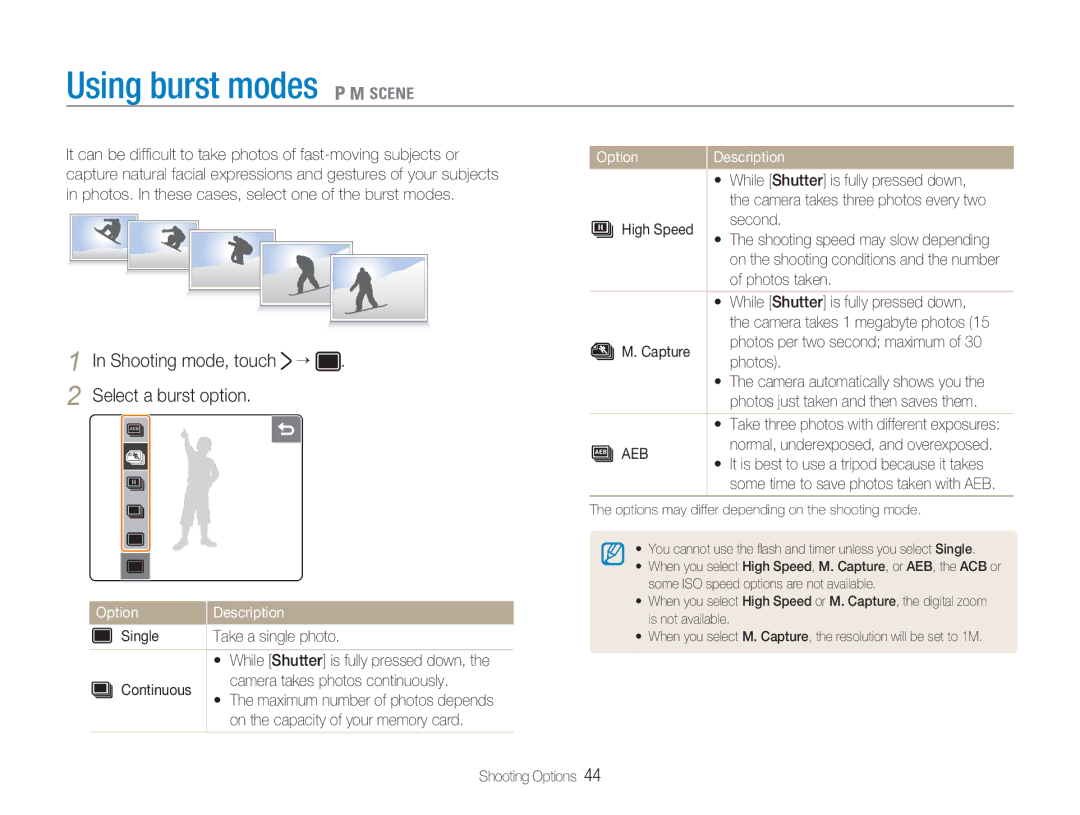 Samsung NV100HD user manual Using burst modes 1 8, Shooting mode, touch ¡ Select a burst option 